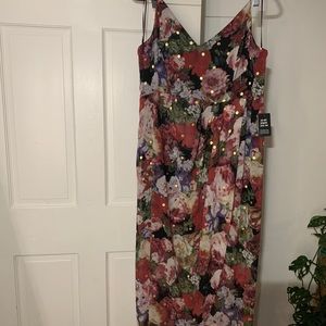 Express | high low midi dress. Floral and gold polka dot.